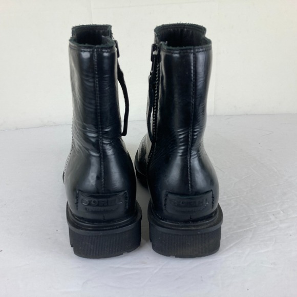 Sorel Womens Sz 6 Black Oiled Leather Lug Sole Ankle Boots Side Zip Block Heel - Picture 6 of 10
